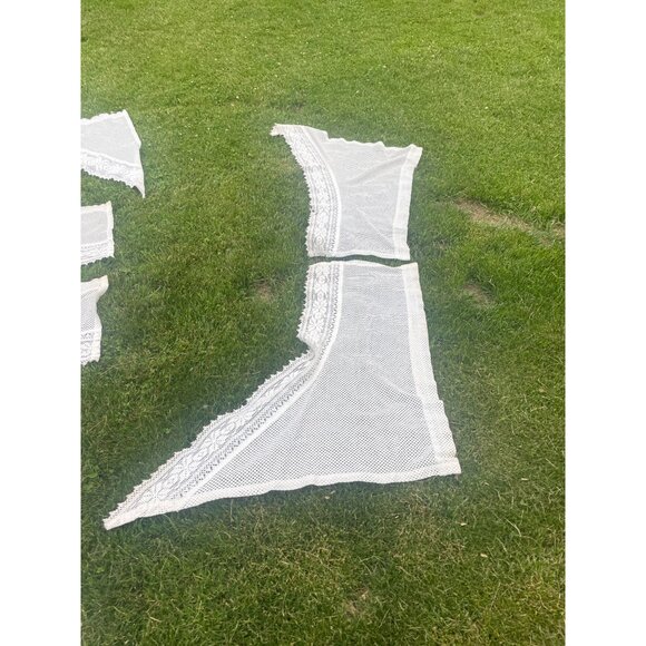 Vintage Sears Floral Lace Curtain Panels White & Blue Crochet Hearts Pattern Etc - Picture 2 of 12